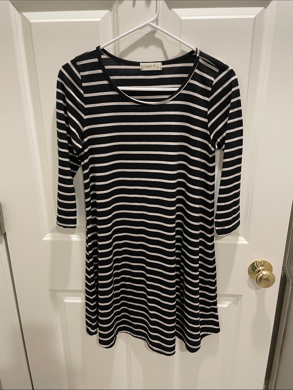 Ginger G Black and Cream Striped 3/4 length Sleeve A-Line Dress